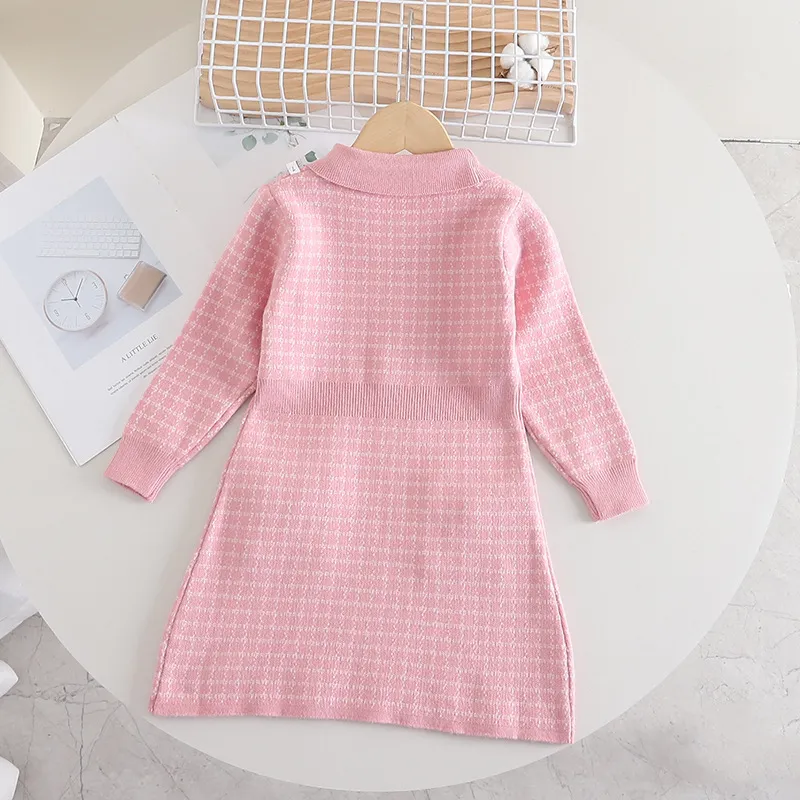 Robe pull tricotée à petits carreaux pour enfants, nouvelle collection automne/hiver, vent parfumé, poche à carreaux, trésor pour femmes_voghion.com