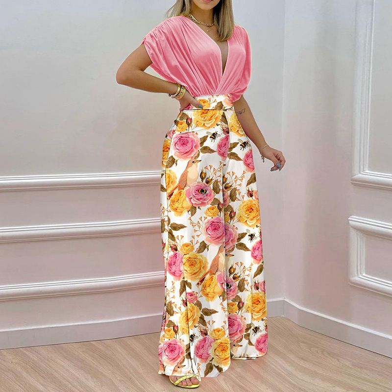 Women's 2023 Spring/Summer New INS Temperament V-neck Printed Wide Leg Pants Fashion Casual Set_voghion.com