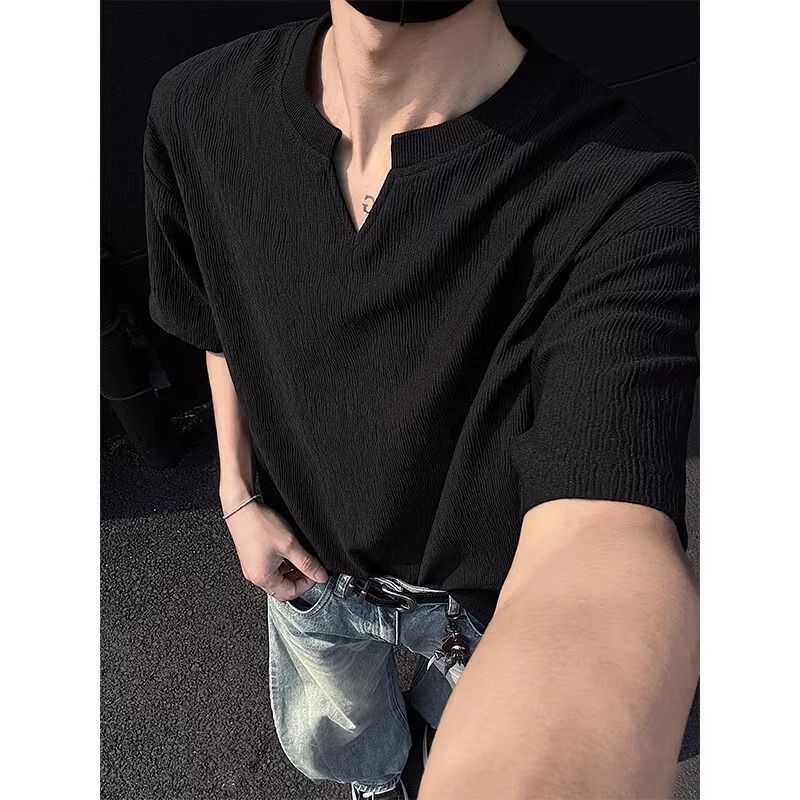 Herrenbekleidung Lazy Style All Match V-Ausschnitt Kurzarm T-Shirt Frühling und Sommer Schweres lockeres lässiges strukturiertes Unterteil_voghion.com