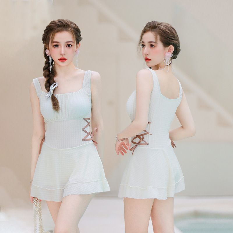 Hot Spring For Women Slimming Gathered Skirt Style Solid Color Swimwear Pure Desire Fashion Sexy Conservative Swimsuit_voghion.com