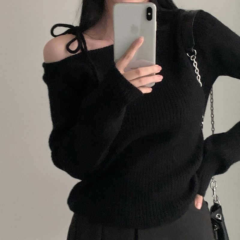 Korejský elegantní podzimní a zimní nike nepravidelný šikmý límec s odhalenými rameny, vázáním, zeštíhlující pletený svetr s dlouhým rukávem_voghion.com