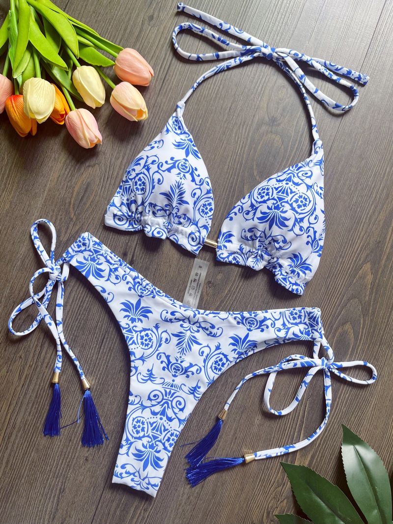 Maillot de bain bikini bleu et blanc à imprimé porcelaine pour femme_voghion.com