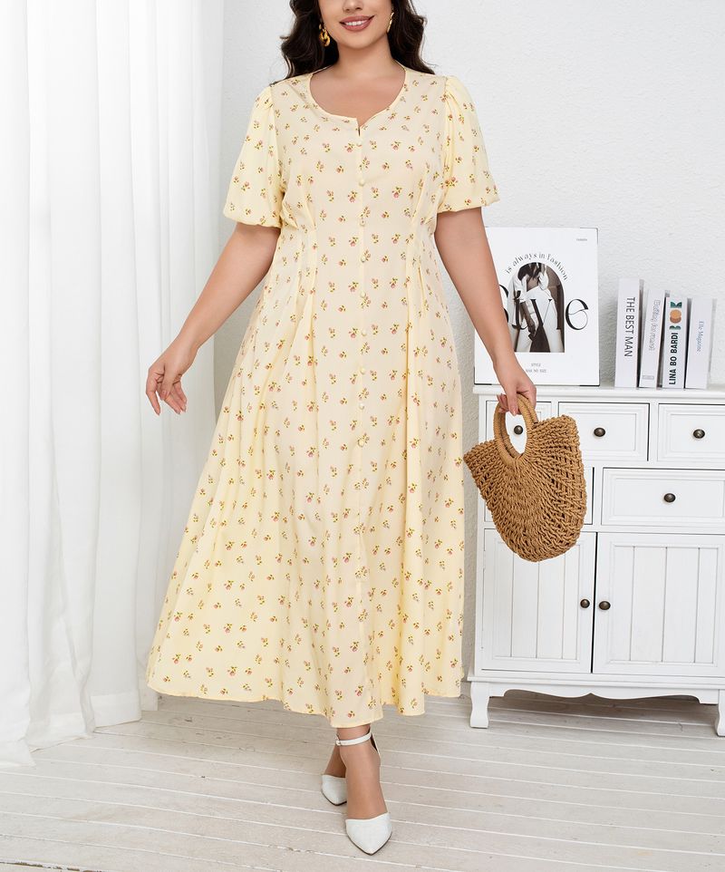 Abito da donna con scollo a V, floreale, midi, con bottoni, in poliestere traspirante, taglie forti 0XL-4XL (giallo)_voghion.com