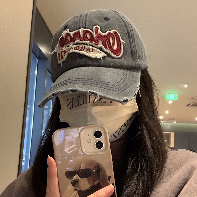 American Style Vintage Baseball Cap For Women, Large Head Circumference, Washed Distressed Denim Wide Brim Duckbill Cap,_voghion.com