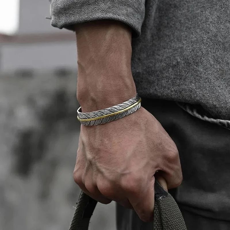 Men's Jewelry Vintage Feather Cuff Bracelet With Engraved Scroll Design, Adjustable Open Bangle For Unique Style Feather Bracelet Open Bracelet_voghion.com