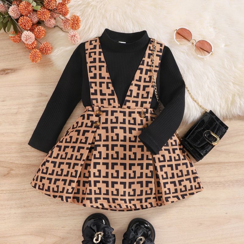 Treasure Salary Children's Clothing Autumn and Winter Girls' Classic  Print Strap Dress High Neck Long Sleeve_voghion.com