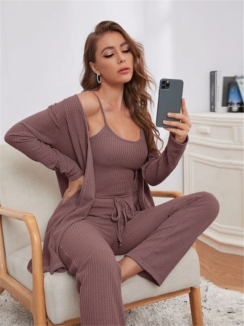 3Piece Women Sets Sling Tops Pants Robe Pajamas Lounge Home Wear Pyjama Pour Femme Slim Fit Loungewear_voghion.com