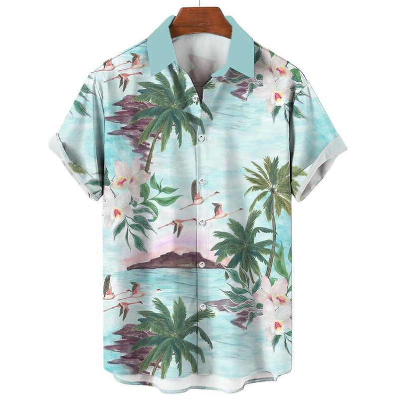 Hawaiianische Palmen 3D-Druck Herrenhemd Mann/Frau Casual Fashion Kurzarmhemden Reversknopfoberteile Übergroße Unisex-Kleidung_voghion.com