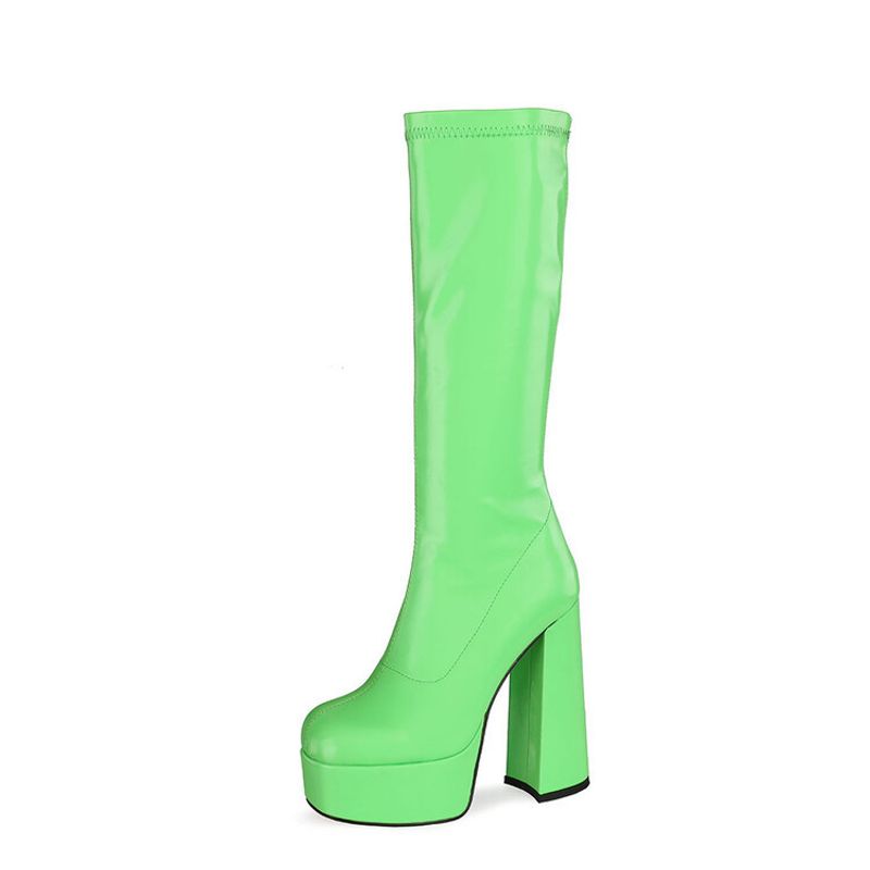 New round head thick high heel waterproof platform large size elastic sleeve women's mid-calf boots elastic boots_voghion.com