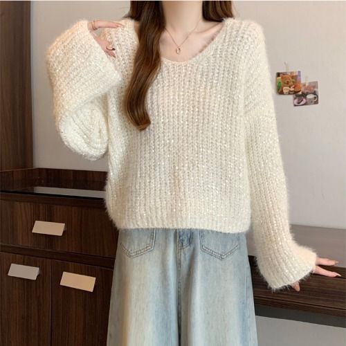 Mädchenpullover im europäischen Stil mit Paillettenkragen für Damen, Herbst und Winter, Übergröße, lockere Passform, hochwertiges Tragegefühl, kurz_voghion.com