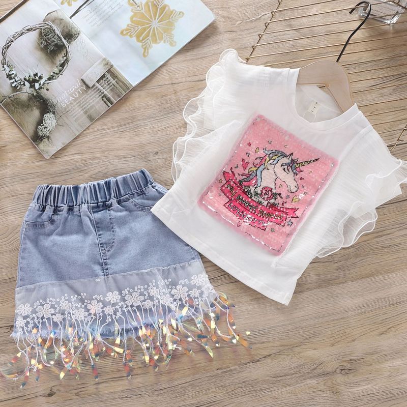 Ensemble haut en dentelle imprimé dessin animé + jupe en jean à paillettes pour filles de petite et moyenne taille_voghion.com