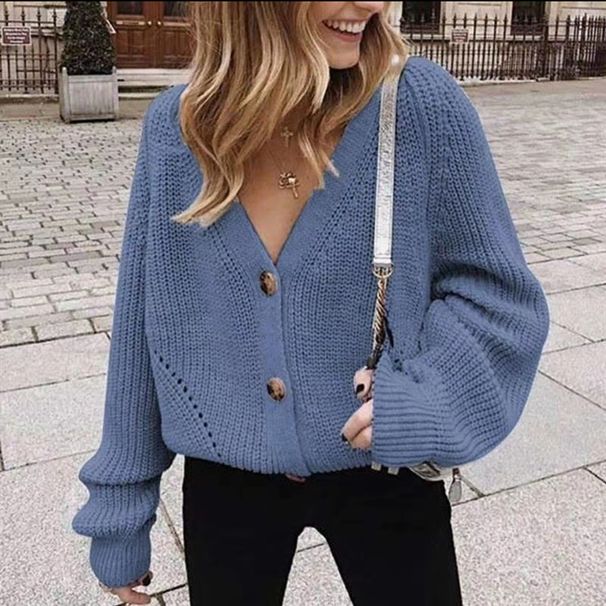 Vêtements pour femmes automne et hiver nouveau cardigan couleur unie bouton col en V pull tricoté pull ample_voghion.com