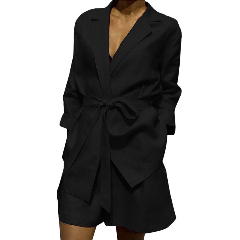 Roupas femininas outono novas blusas com cinto e shorts terno de duas peças_voghion.com