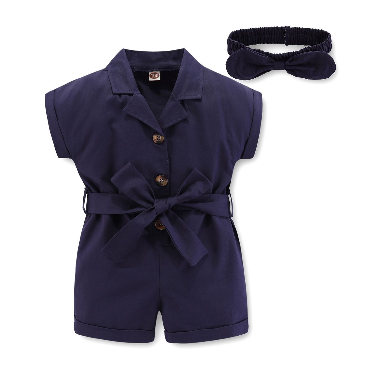 Kinderkleidung Sommermode für Mädchen Overalls einfarbig V-Ausschnitt Jumpsuit Shorts Kopfbedeckung_voghion.com