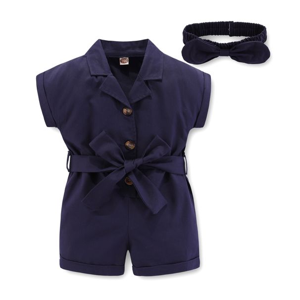 Kinderkleidung Sommermode für Mädchen Overalls einfarbig V-Ausschnitt Jumpsuit Shorts Kopfbedeckung_voghion.com