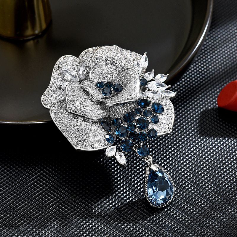 European sparkling rose crystal tassel high-end women's full zirconia luxurious temperament brooch, coat style_voghion.com