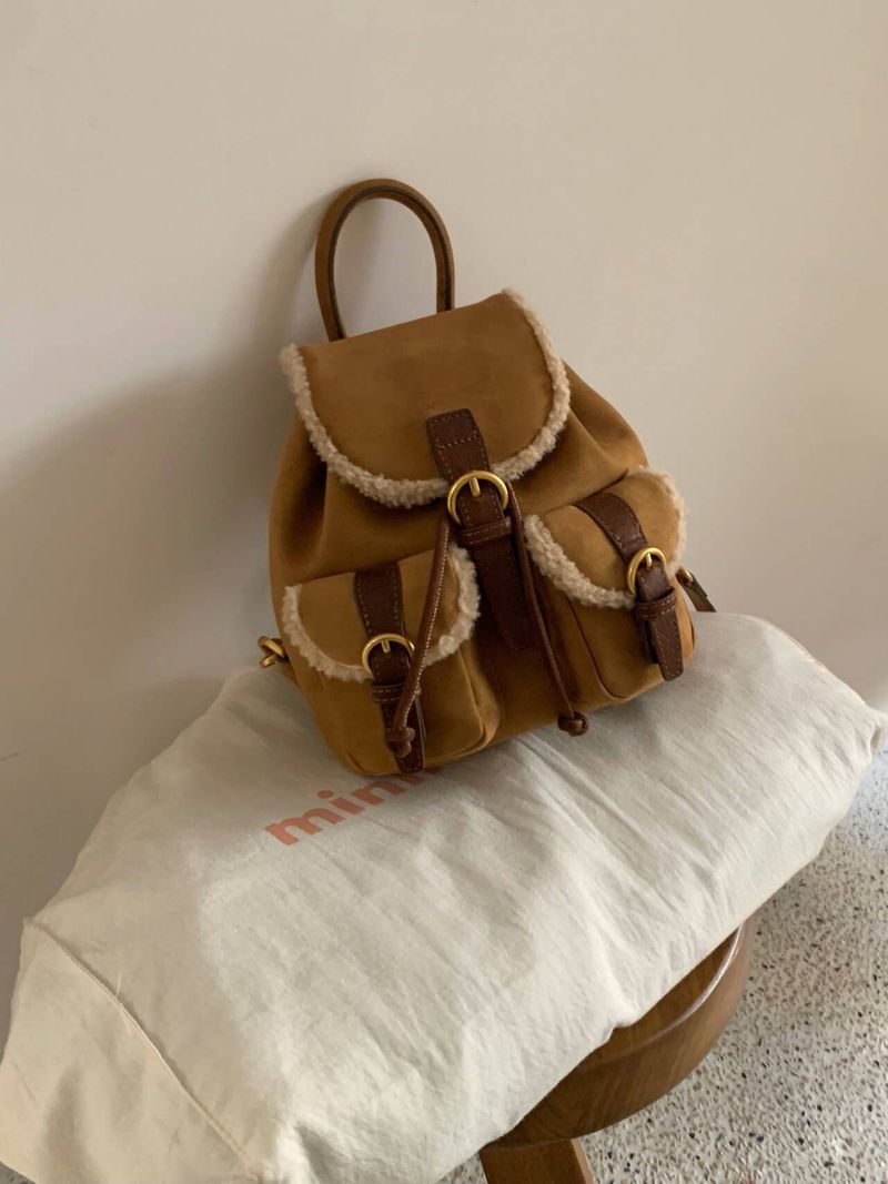 Koreanischer 2025 Herbst und Winter Neue Lammwolle Wildleder Multifunktionaler Multi-Pocket Damen Kleiner Rucksack Modisch Vielseitig Freizeit Täglich_voghion.com
