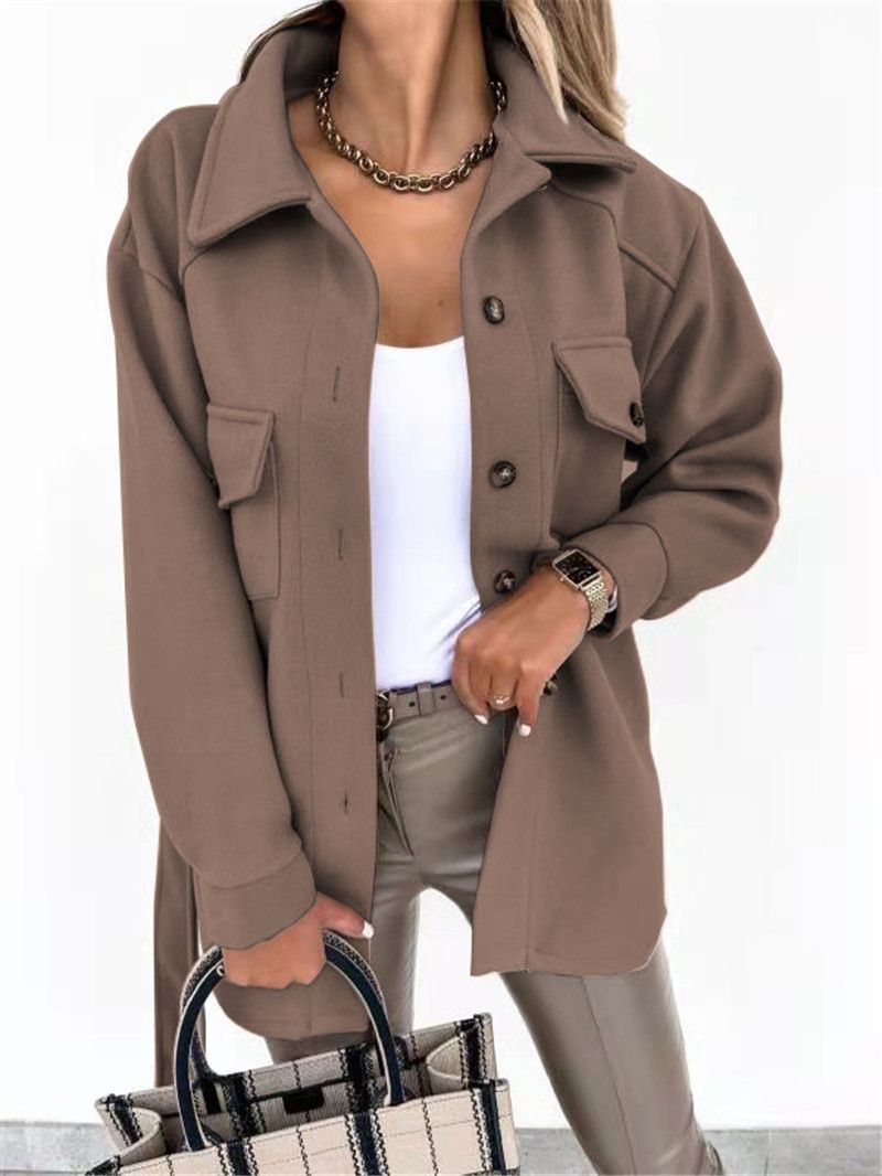 Jacket Women Single-Breasted Bandage Solid Color Woolen Coat Turn-down Collar Long Sleeve Suits Woman Clothing Loose_voghion.com