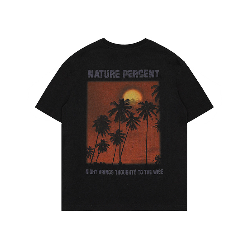 Men's Clothing | White Ink Sunset Print Short Sleeve Summer New Street Fashion Brand Loose T shirt Men's Drop Shoulder Style_voghion.com