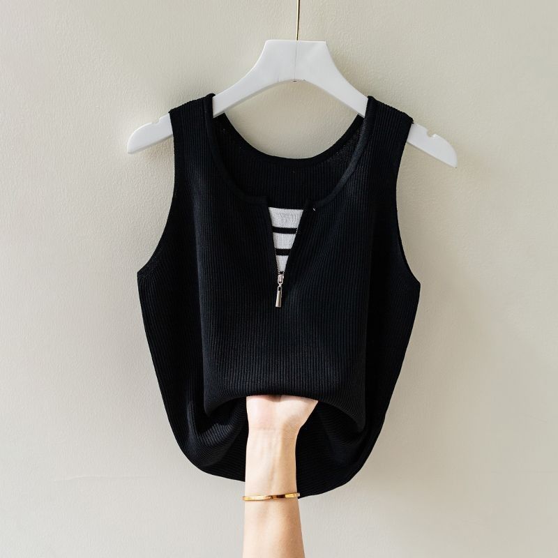 Damenbekleidung Sommer Neue Zweiteilige Reißverschluss-Eisseiden-Unterhemd Weibliches Unterhemd Ärmelloses Oberteil Strickpullover_voghion.com