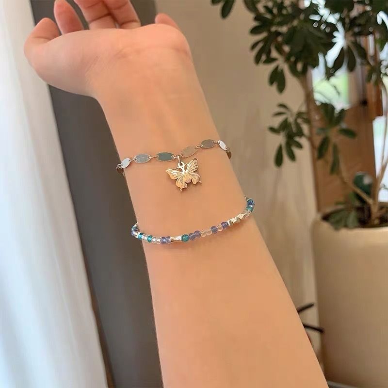 Korean Version Niche Design Butterfly Crystal Bead Sweet And Simple Double-layer Stacked Bracelet, Fashionable_voghion.com