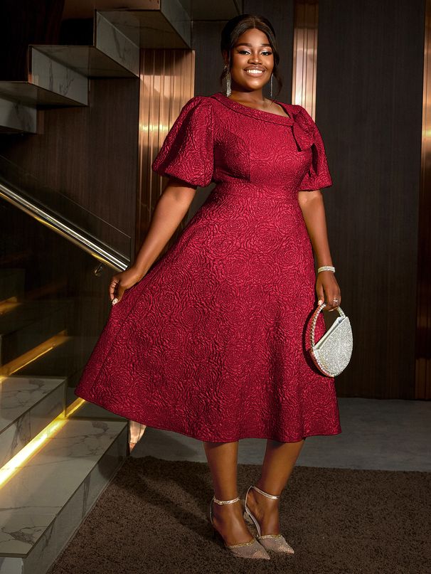 Elegante abito con maniche a palloncino in taglie forti, vita alta, jacquard floreale, scollatura asimmetrica, poliestere elasticizzato (comodo per la sera e l'ufficio)_voghion.com