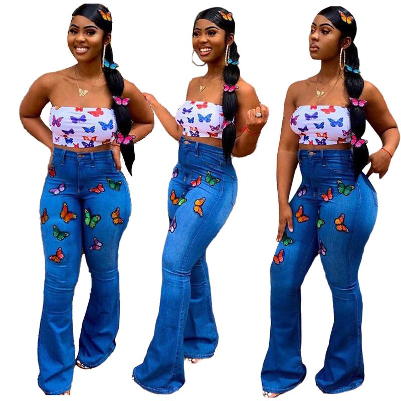 Women's clothing HSF2349 fashion versatile wide-legged butterfly embroidered washed stretch denim bell-bottom pants_voghion.com