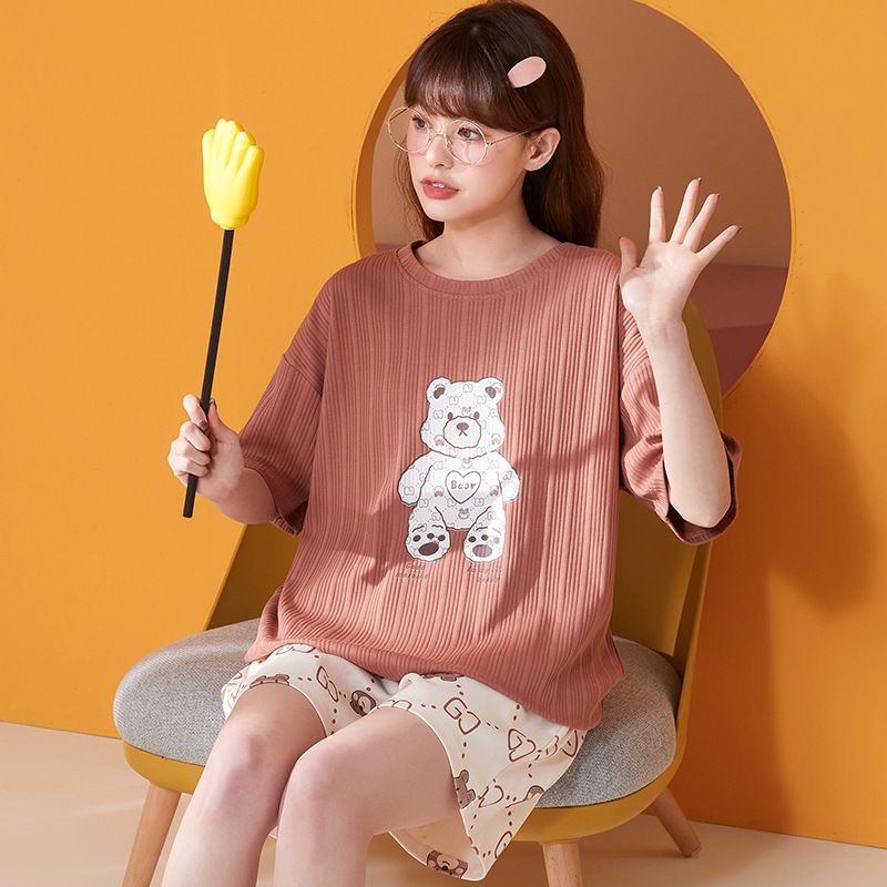 Pyjama d'été plus, short à manches courtes, pull à col rond, ensemble de costume de maison mignon en coton de dessin animé coréen pour femme_voghion.com