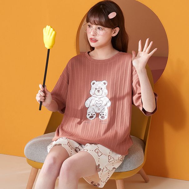 Pyjama d'été plus, short à manches courtes, pull à col rond, ensemble de costume de maison mignon en coton de dessin animé coréen pour femme_voghion.com