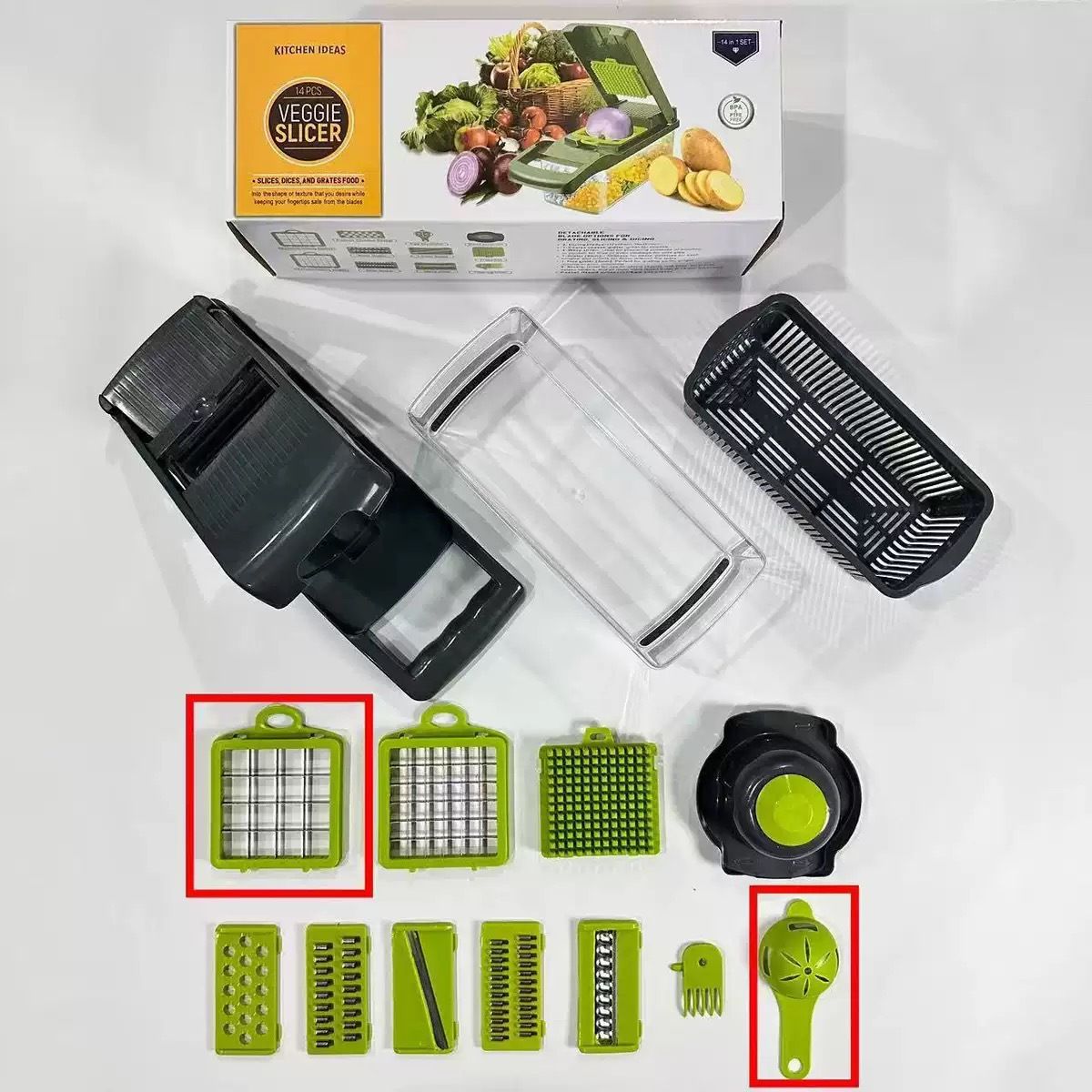 Cortador de legumes multifuncional – Cortador de batatas, cenouras e cebolas 5 em 1 com 4 lâminas de aço inoxidável – Design compacto e ergonômico_voghion.com