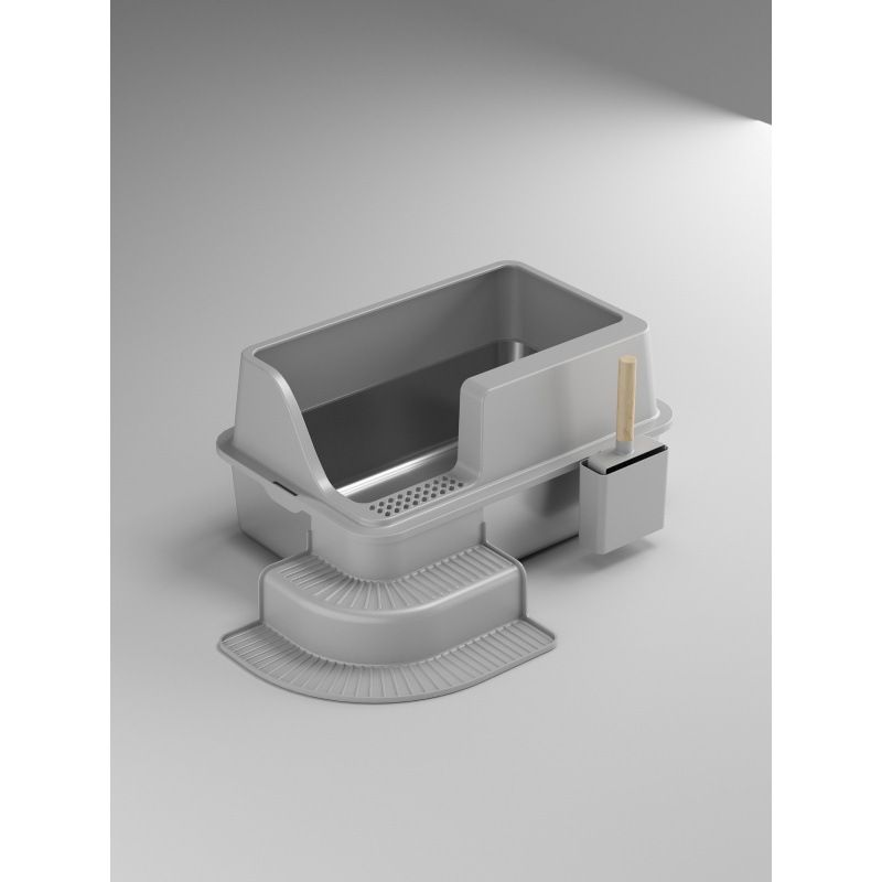 Nova caixa de areia grande semifechada com pedal reforçado para animais de estimação, banheiro para gatos em aço inoxidável_voghion.com