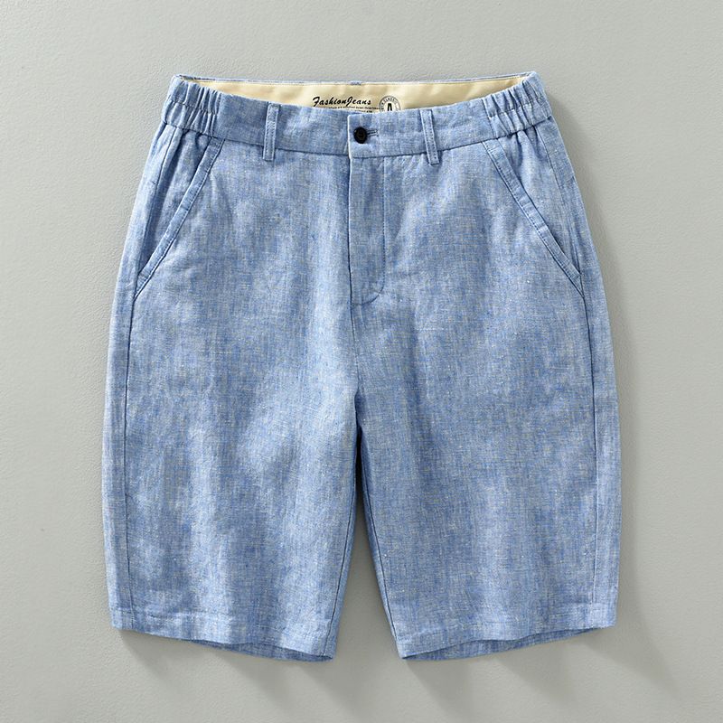 Short en lin teint en fil pour homme, ample, grande taille, pour l'été, fin, en coton et lin, droit, pour la plage_voghion.com