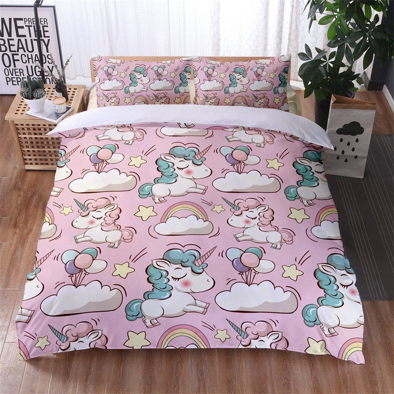 Pink unicorn three piece set with 3D digital printing bedding, bed sheets, and bedding_voghion.com
