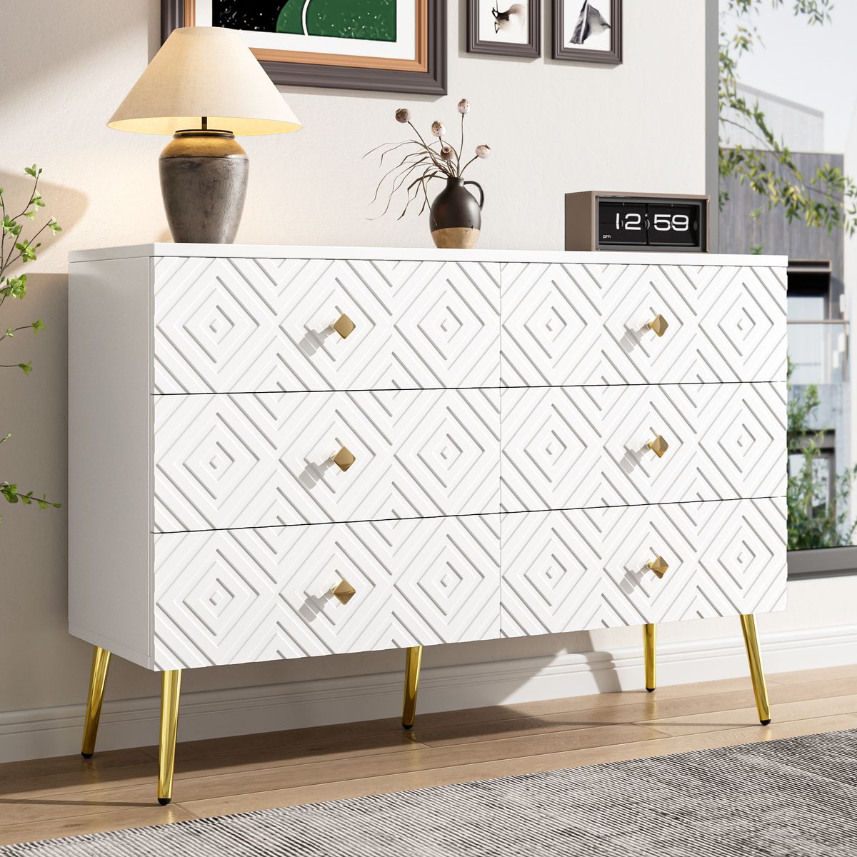 Kommode Weiß 120x80cm Mit 6 Schubladen, Gold-Akzenten Für Wohnzimmer_voghion.com