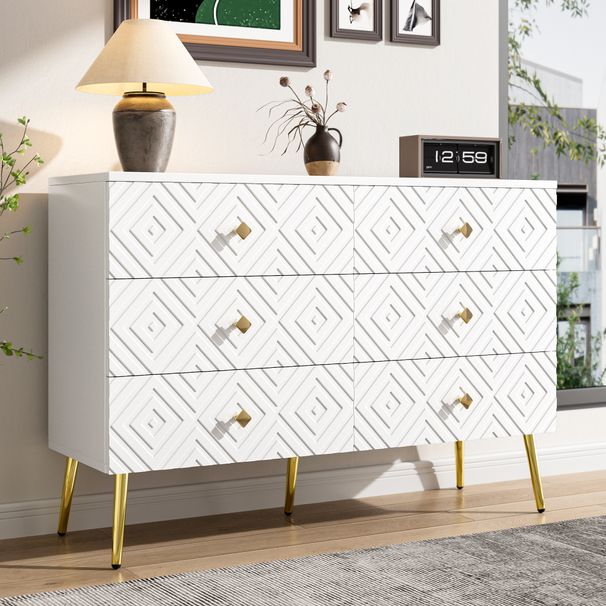 Kommode Weiß 120x80cm Mit 6 Schubladen, Gold-Akzenten Für Wohnzimmer_voghion.com