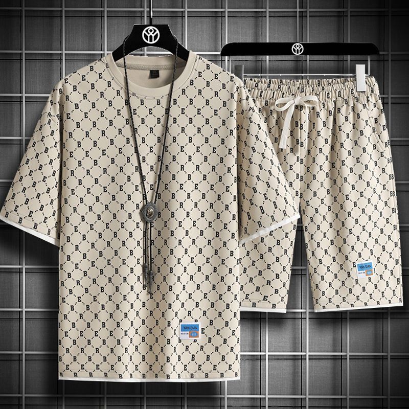 Set Of Men's Fasable Plaid Short Sleeved T-shirt, Summer New Youth Quick Drying Ultra-thin Shorts, Two-piece Set_voghion.com