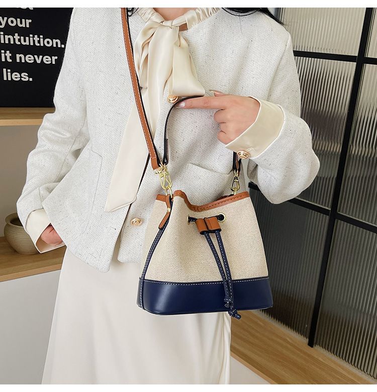 Dam Bucket Bags Canvas Bucket Bag Kontrast Damhandväska Enkel Dragsko Axelbandsväska_voghion.com