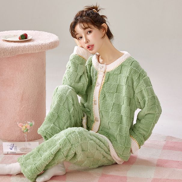 Autumn And Winter Thickened Velvet Lapel Pajamas Women's Cardigan Warm And Comfortable Pajamas Set_voghion.com