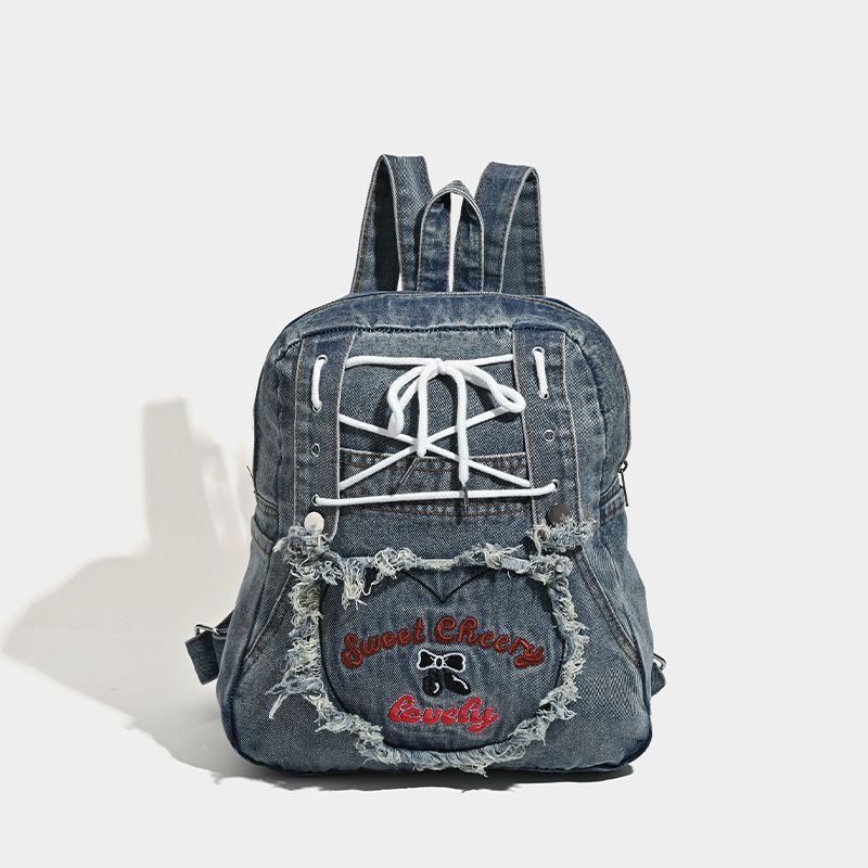 2025 Spring/Summer New Niche Heart Embroidered Denim Student Schoolbag For Casual Tote Bag_voghion.com