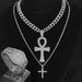 Men's Horus Eye Ankh Cross Necklace & Hip Hop Cuban Link Chain With Double Layer Full Diamonds & Matching Quartz Watch Set - Gold/Silver_voghion.com