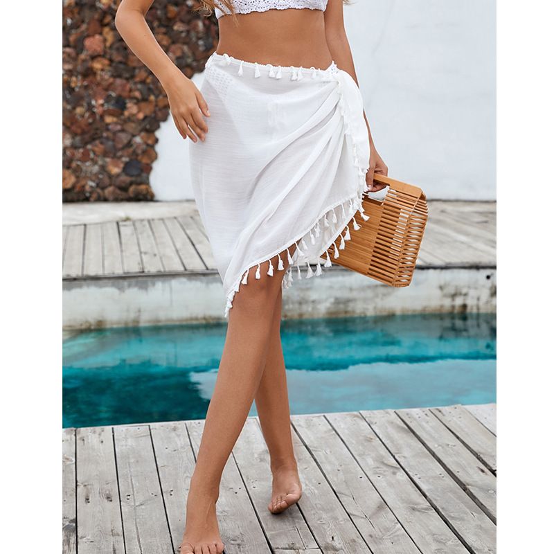 Falda sexy popular para mujer, falda playera para vacaciones en la playa, protector solar, falda con tiras y borlas_voghion.com