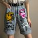 Women's Clothing street casual tongue smiley face graffiti print denim hem shorts_voghion.com
