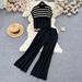 Stilvolles Strickoberteil mit Streifen für Damen, lässige Hose mit hoher Taille und weitem Bein, modischer zweiteiliger Anzug_voghion.com