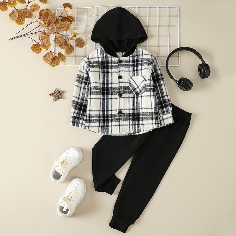 Abito autunnale da ragazzo Camicia a quadri per bambini Cappotto a maniche lunghe Felpa con cappuccio casual da ragazzo Set da due pezzi_voghion.com