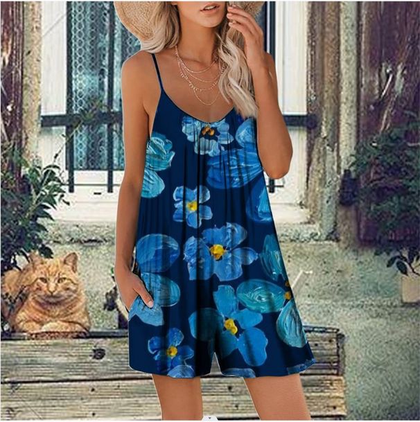 Stylowy damski kombinezon z krótkim rękawem – letni kombinezon bez rękawów z kwiatowym nadrukiem i kieszeniami bocznymi, luźny krój, wygodna, elastyczna tkanina (S-5XL)_voghion.com
