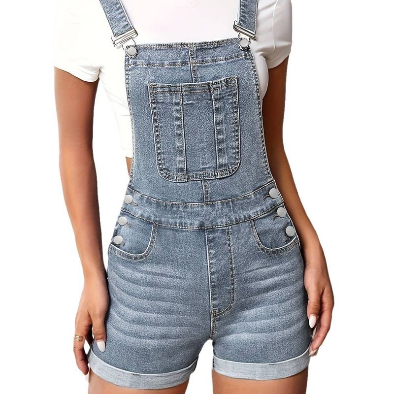 Dameoveralls med lomme, slim fit, denimshorts i ét stykke_voghion.com