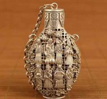 chinese old tibet silver hollow carved 8 immortals snuff bottle netsuke Box_voghion.com