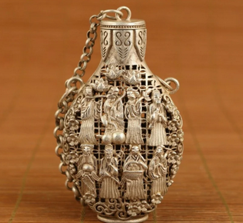 cinese antico tibet argento cavo intagliato 8 immortali bottiglia da fiuto netsuke Box_voghion.com