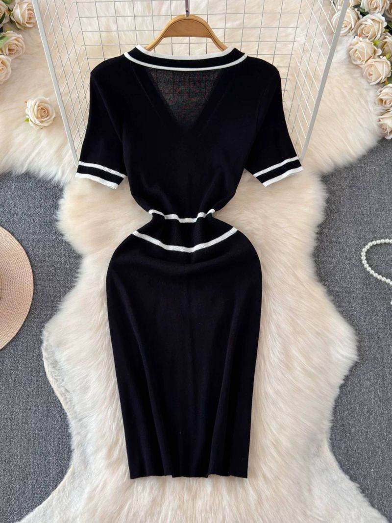 Women's Clothing High Grade Slim Waist Hip Skirt Black V Neck Single Breasted Mid Length Skirt_voghion.com