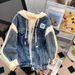 Women's Clothing Women's Denim Patchwork Hooded Sweater Coat - Casual Loose Fit Layered Style_voghion.com